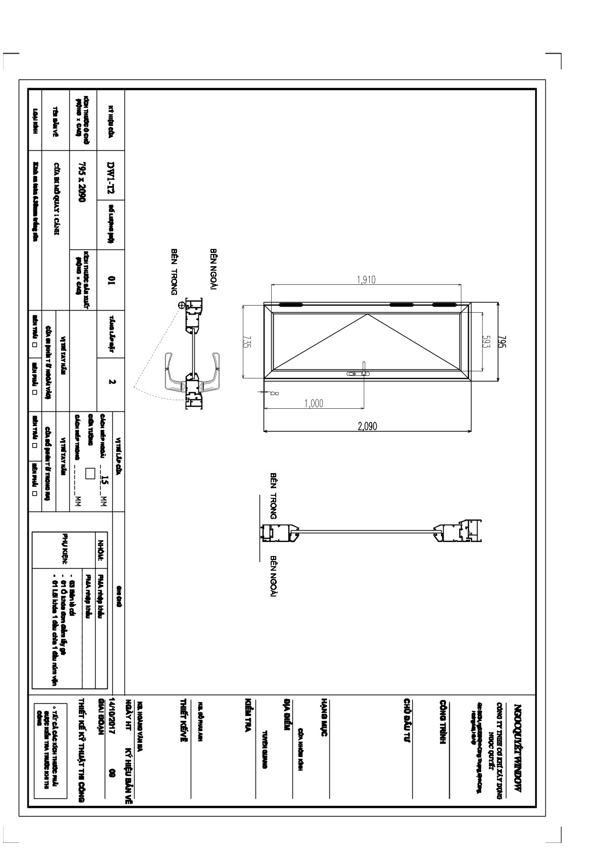 Bản vẽ kỹ thuật cửa đi mở quay một cánh kích thước 795 x 2090 mm của Ngọc Quyết Window